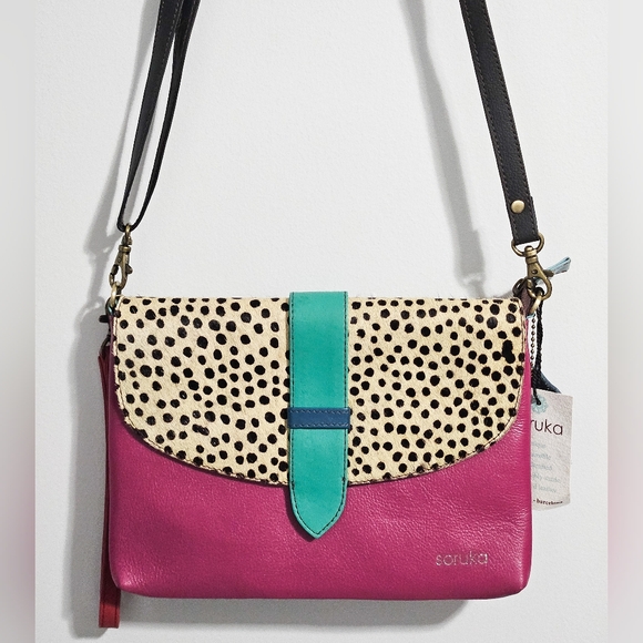 Soruka Handbags - Soruka Pink and Teal Crossbody Purse with Animal Print - NEW WITH TAGS
